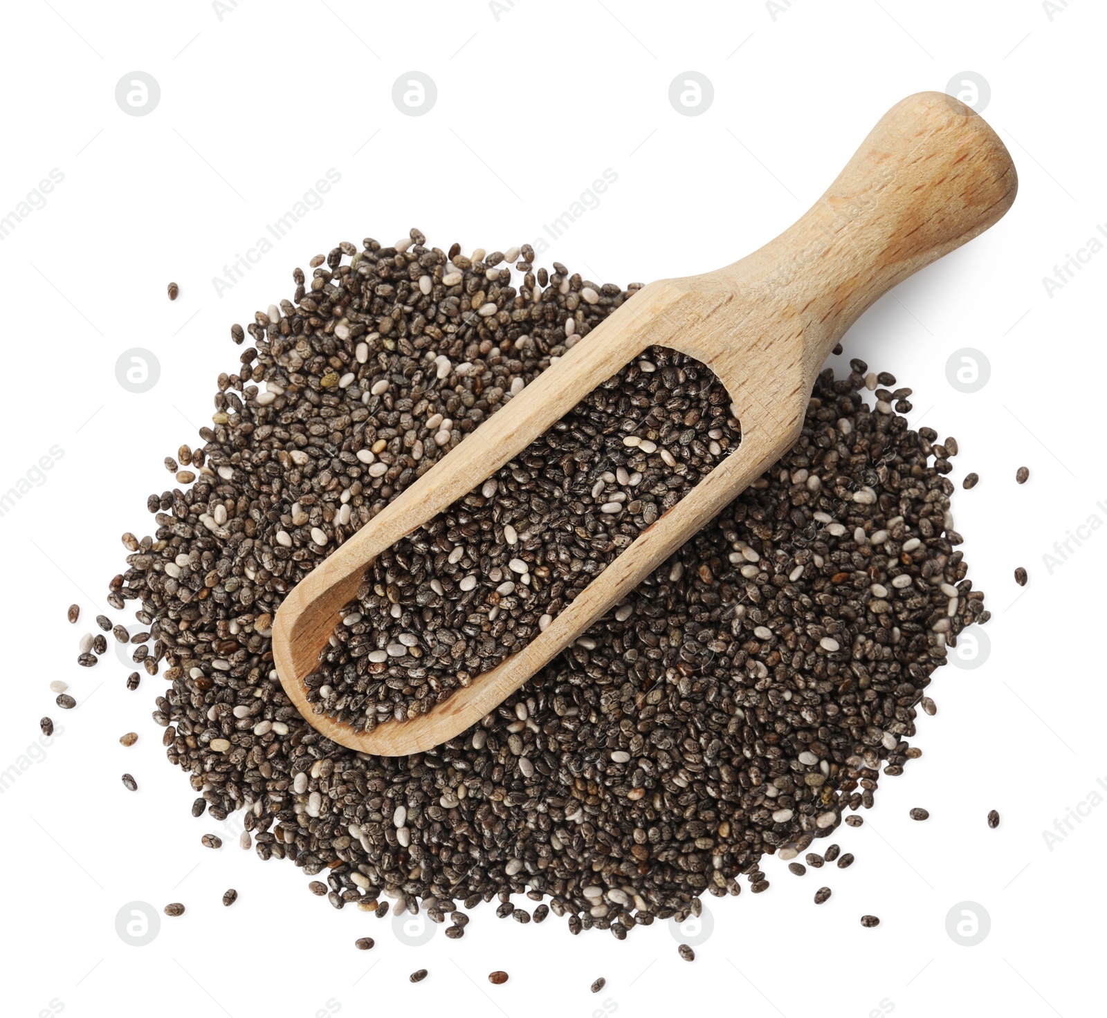 Photo of Wooden scoop and chia seeds on white background, top view