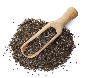 Photo of Wooden scoop and chia seeds on white background, top view