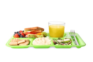 Photo of Serving tray with tasty healthy food and juice isolated on white. School dinner