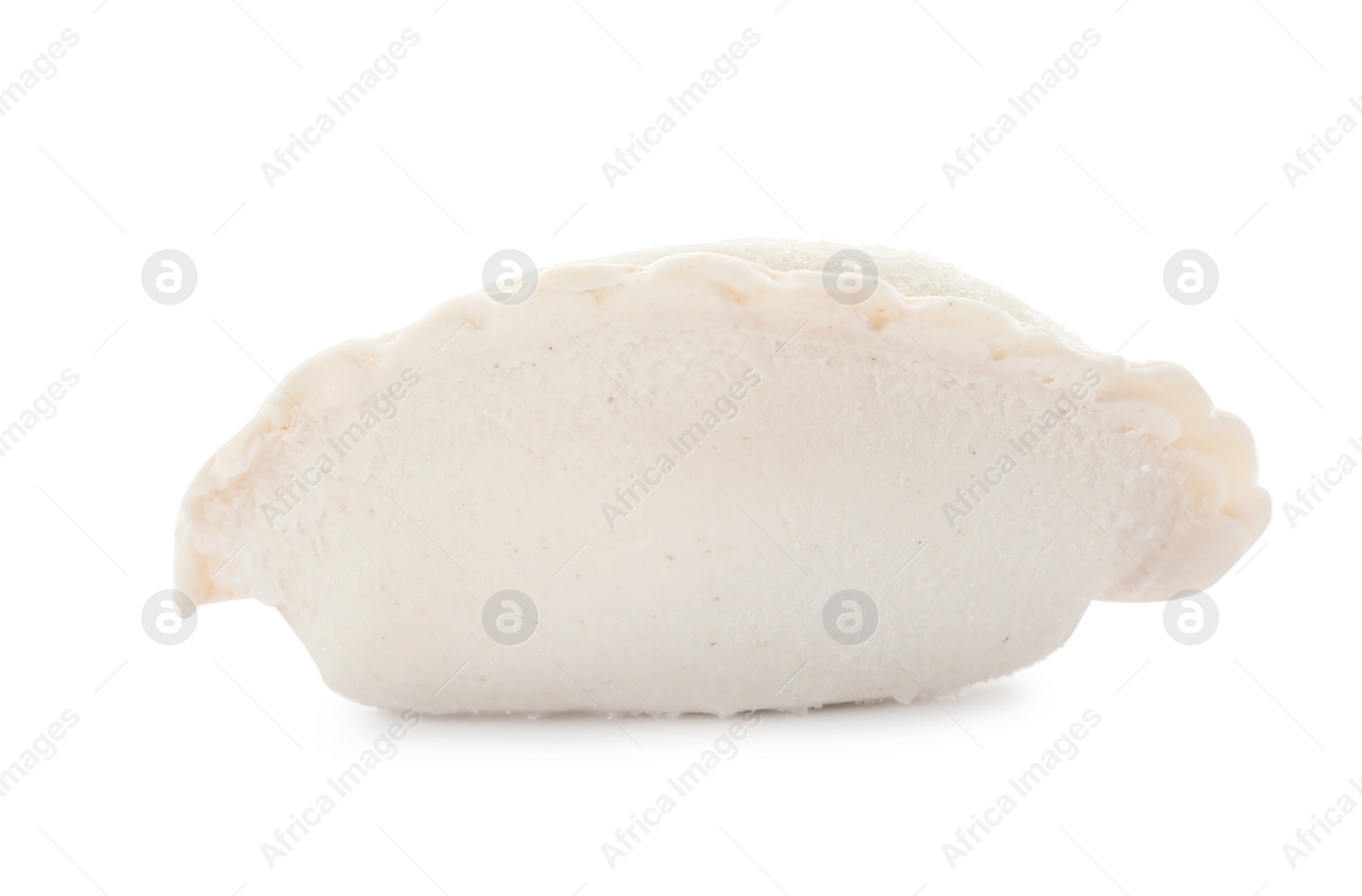 Photo of Raw dumpling with tasty filling on white background