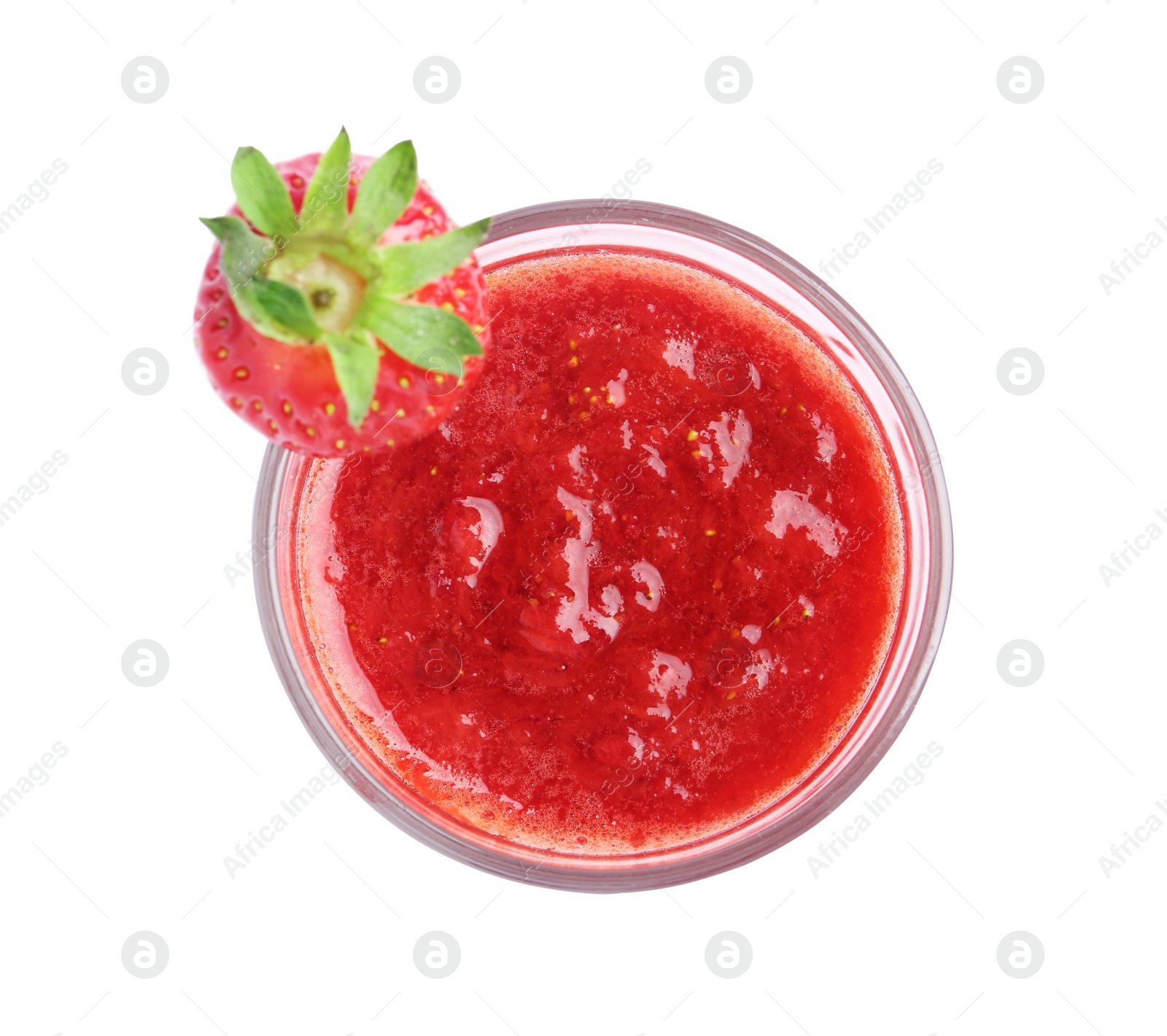 Photo of Tasty strawberry smoothie in glass isolated on white, top view