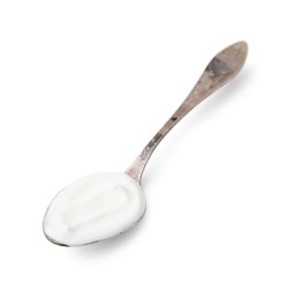 Photo of Delicious natural yogurt in spoon isolated on white