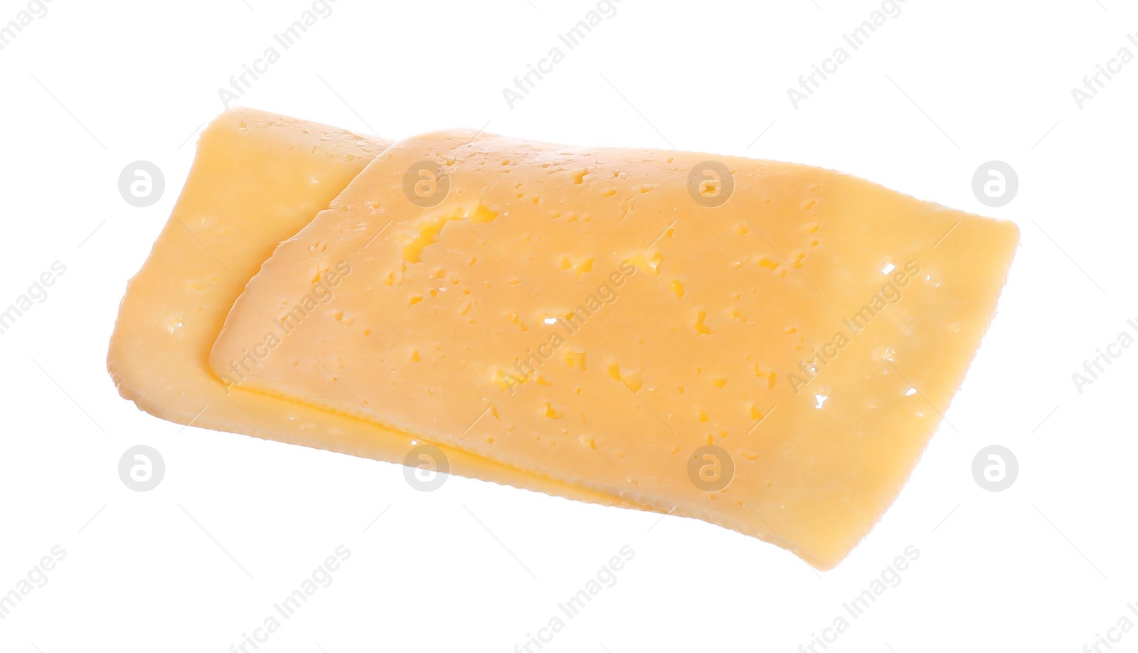 Photo of Tasty cheese slices isolated on white. Sandwich ingredient