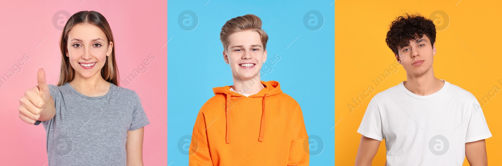 Image of Photos of teenagers on different color backgrounds, collage