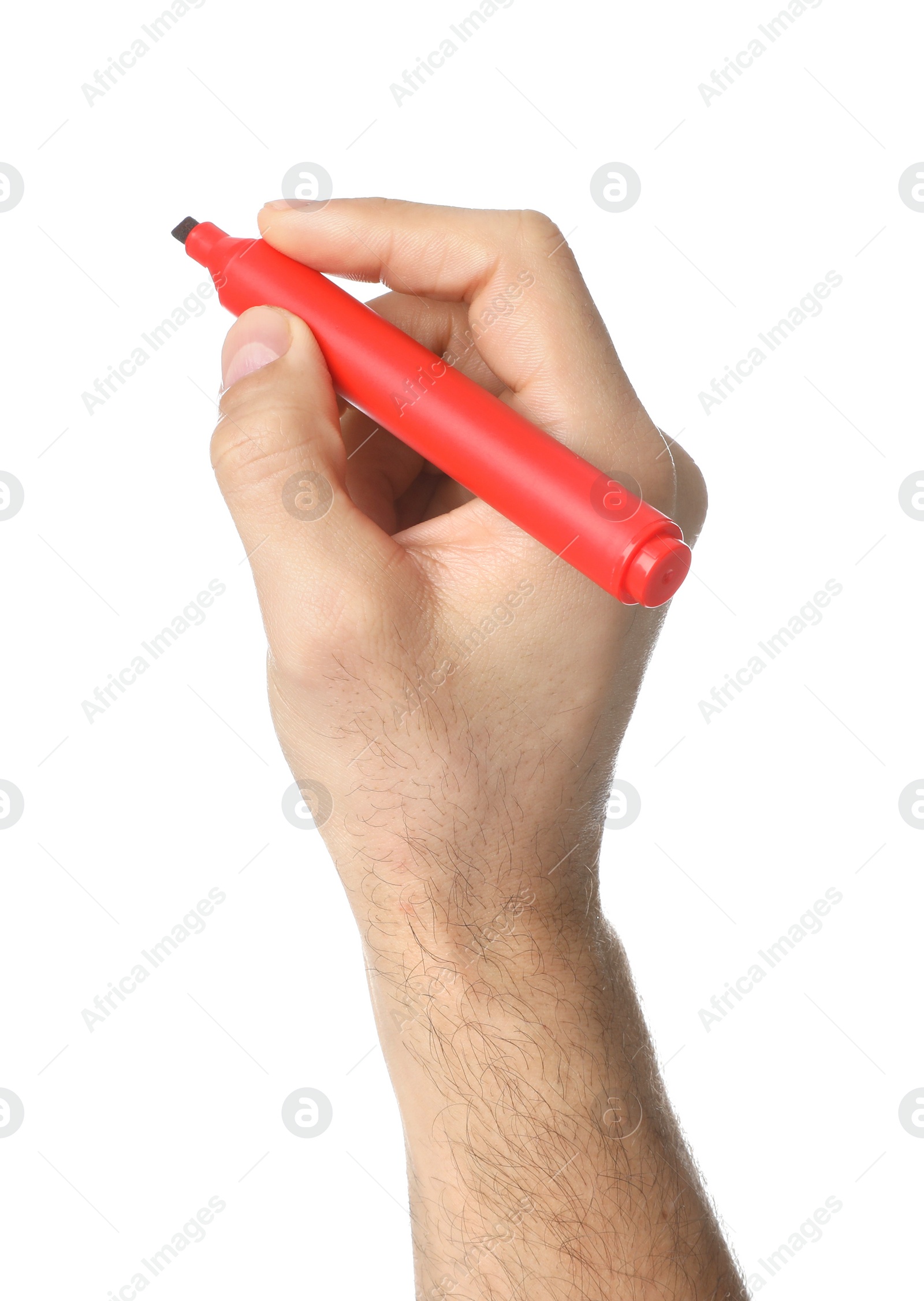 Photo of Man holding red marker on white background, closeup