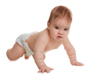 Photo of Cute little baby crawling on white background