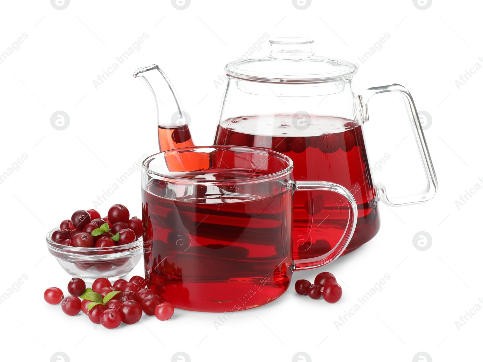 Photo of Delicious cranberry tea and berries isolated on white