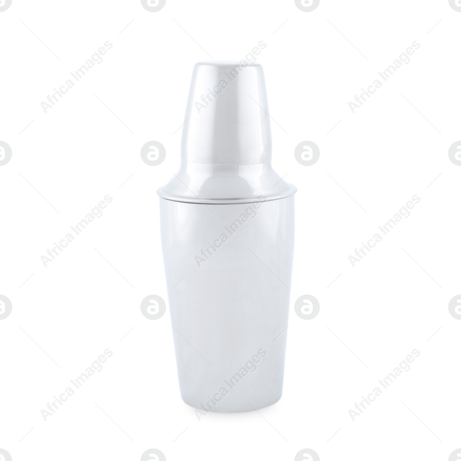 Photo of Shiny metal shaker for cocktail making isolated on white. Bartender equipment