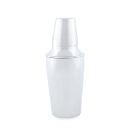 Photo of Shiny metal shaker for cocktail making isolated on white. Bartender equipment