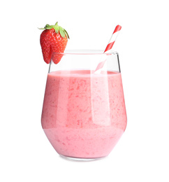 Photo of Tasty strawberry smoothie in glass isolated on white