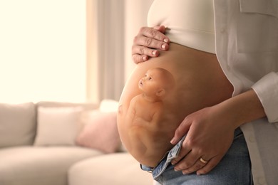 Image of Pregnant woman and baby at home, closeup view of belly. Double exposure