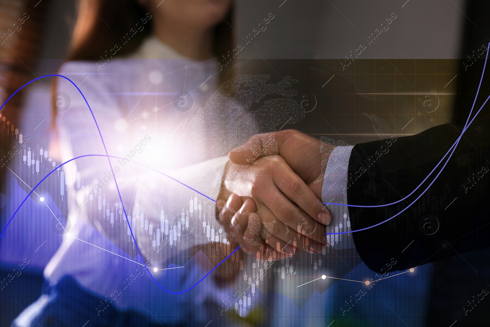 Image of Deal or partnership concept. Double exposure with globe, charts and photo of businesspeople shaking hands