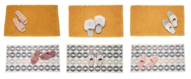 Image of Set with soft bath mats and slippers on white background, top view. Banner design