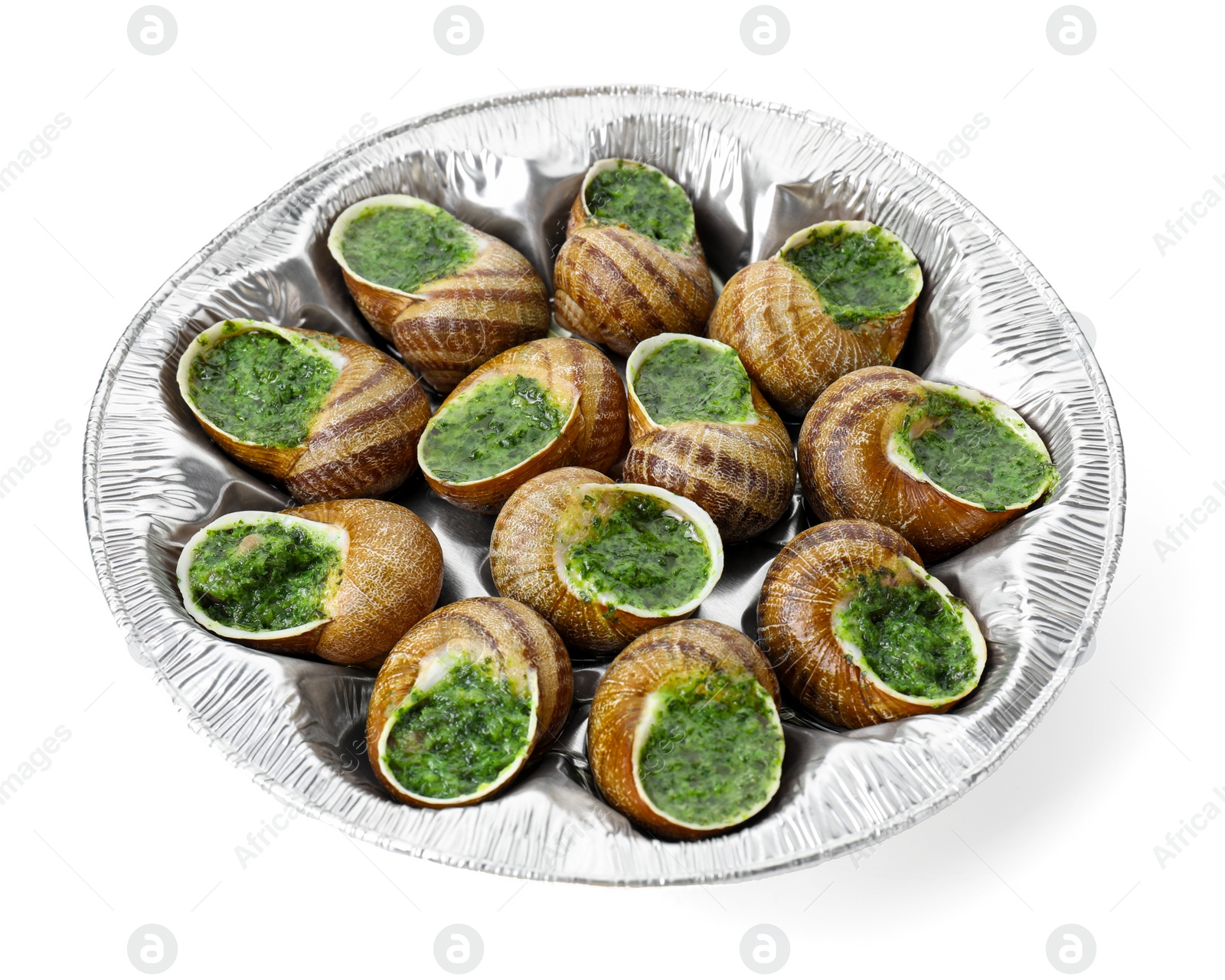 Photo of Many delicious cooked snails isolated on white