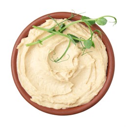 Photo of Bowl with delicious hummus isolated on white, top view