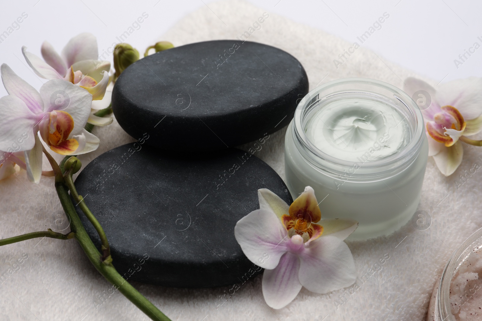 Photo of Beautiful composition with different spa products on white table, closeup