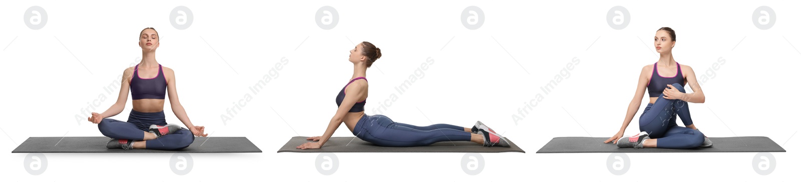 Image of Young woman practicing yoga on white background. Collage with different asanas