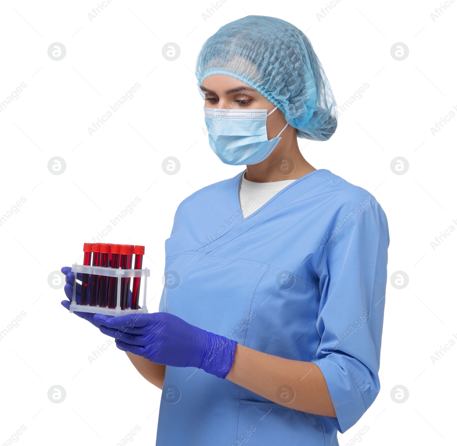 Photo of Laboratory testing. Doctor with blood samples in tubes on white background