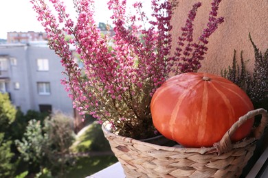 Photo of Wicker basket with beautiful heather flowers and pumpkin on windowsill outdoors