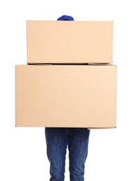 Photo of Courier with cardboard boxes on white background