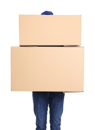 Courier with cardboard boxes on white background