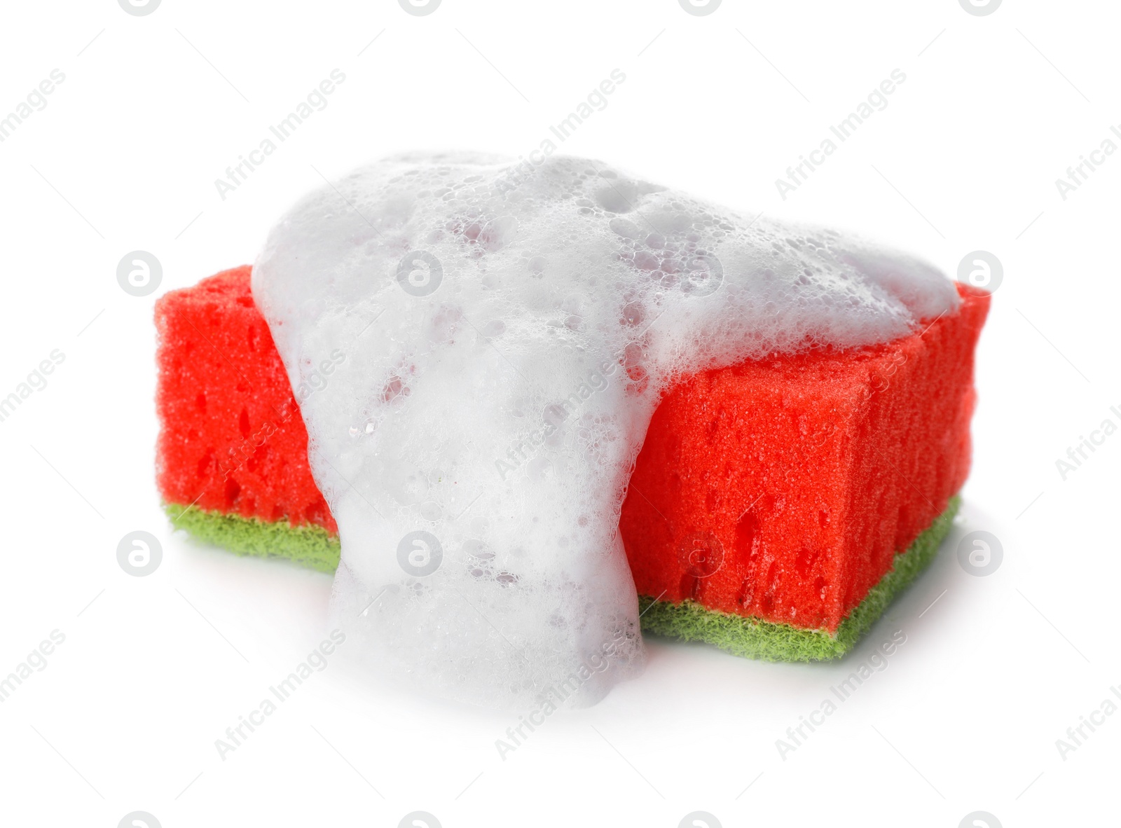 Photo of Cleaning sponge with foam for dish washing on white background