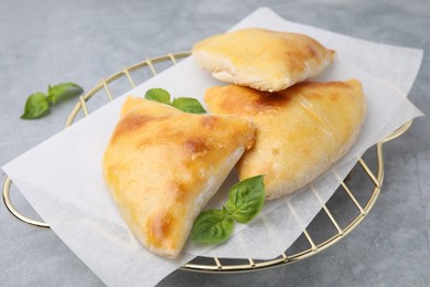 Photo of Delicious samosas and basil on grey table