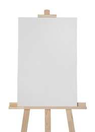 Wooden easel with blank sheet of paper isolated on white