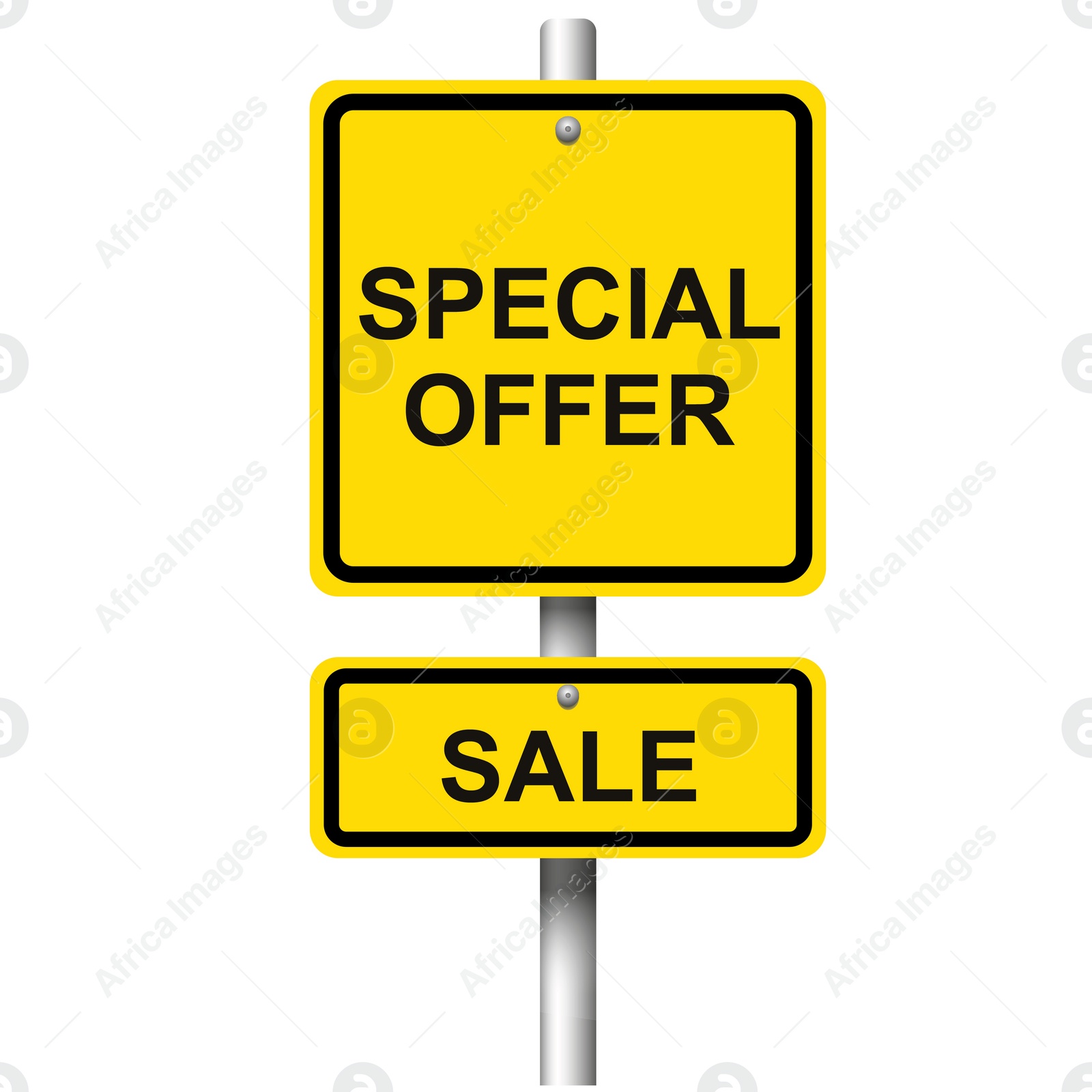 Illustration of Yellow road signpost with words Special Offer, Sale on white background