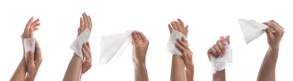 Image of Closeup view of people cleaning hands with wet wipes on white background, collage. Banner design