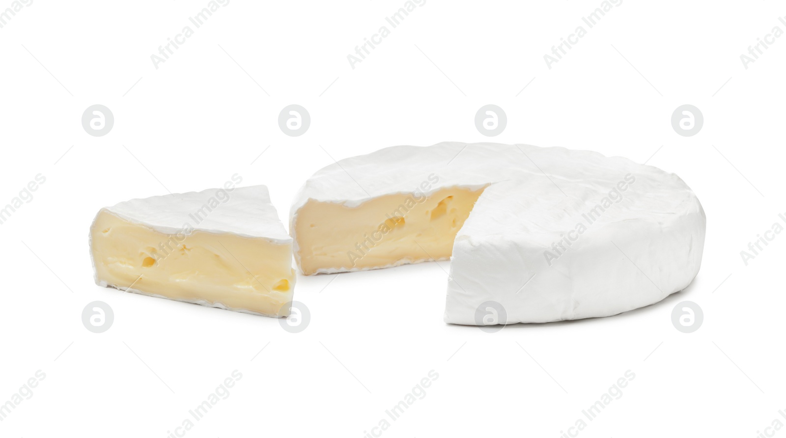 Photo of Tasty cut brie cheese on white background