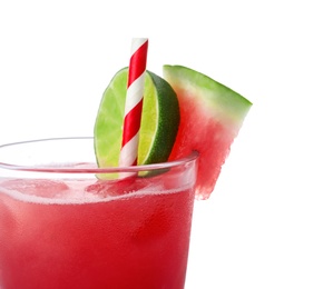 Photo of Delicious fresh watermelon drink on white background, closeup