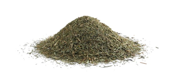 Photo of Pile of aromatic dry dill on white background