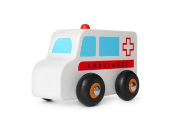 Photo of One ambulance isolated on white. Children's toy