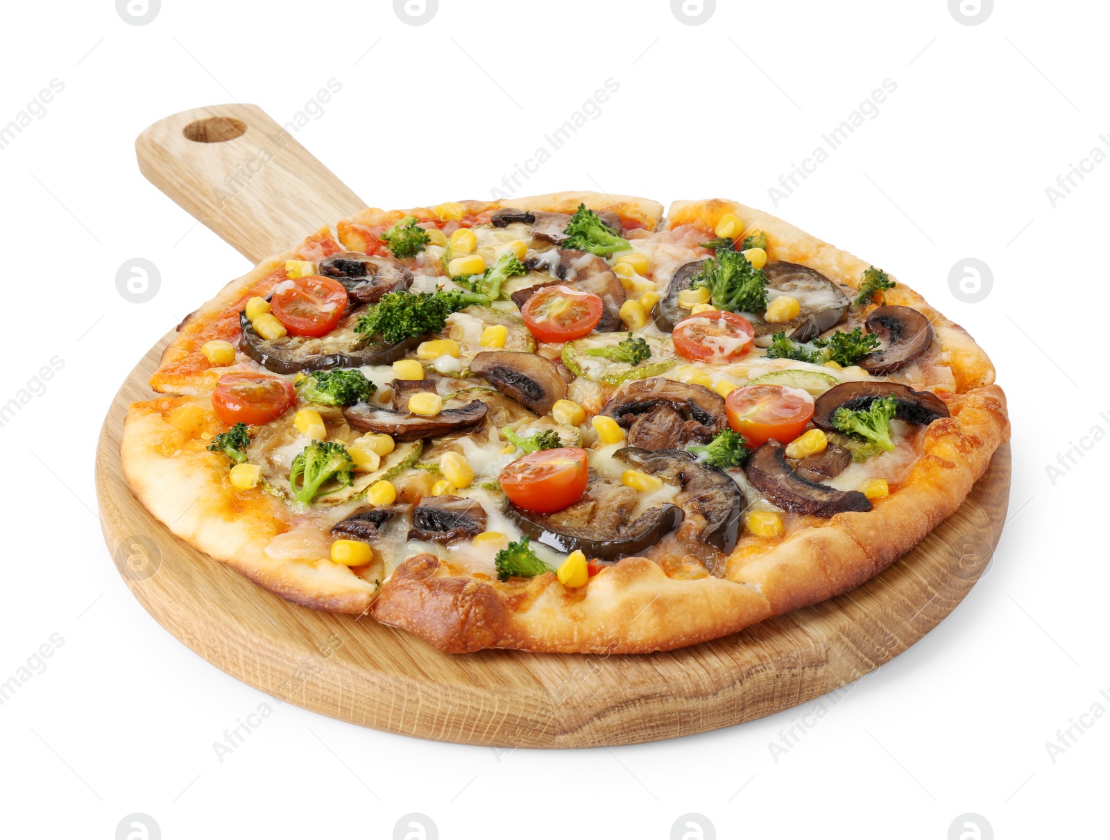 Photo of Delicious vegetarian pizza with mushrooms and vegetables isolated on white