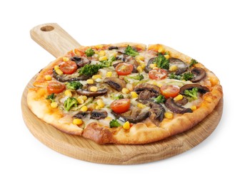 Photo of Delicious vegetarian pizza with mushrooms and vegetables isolated on white