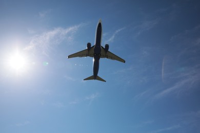 Photo of Modern white airplane flying in sky, bottom view