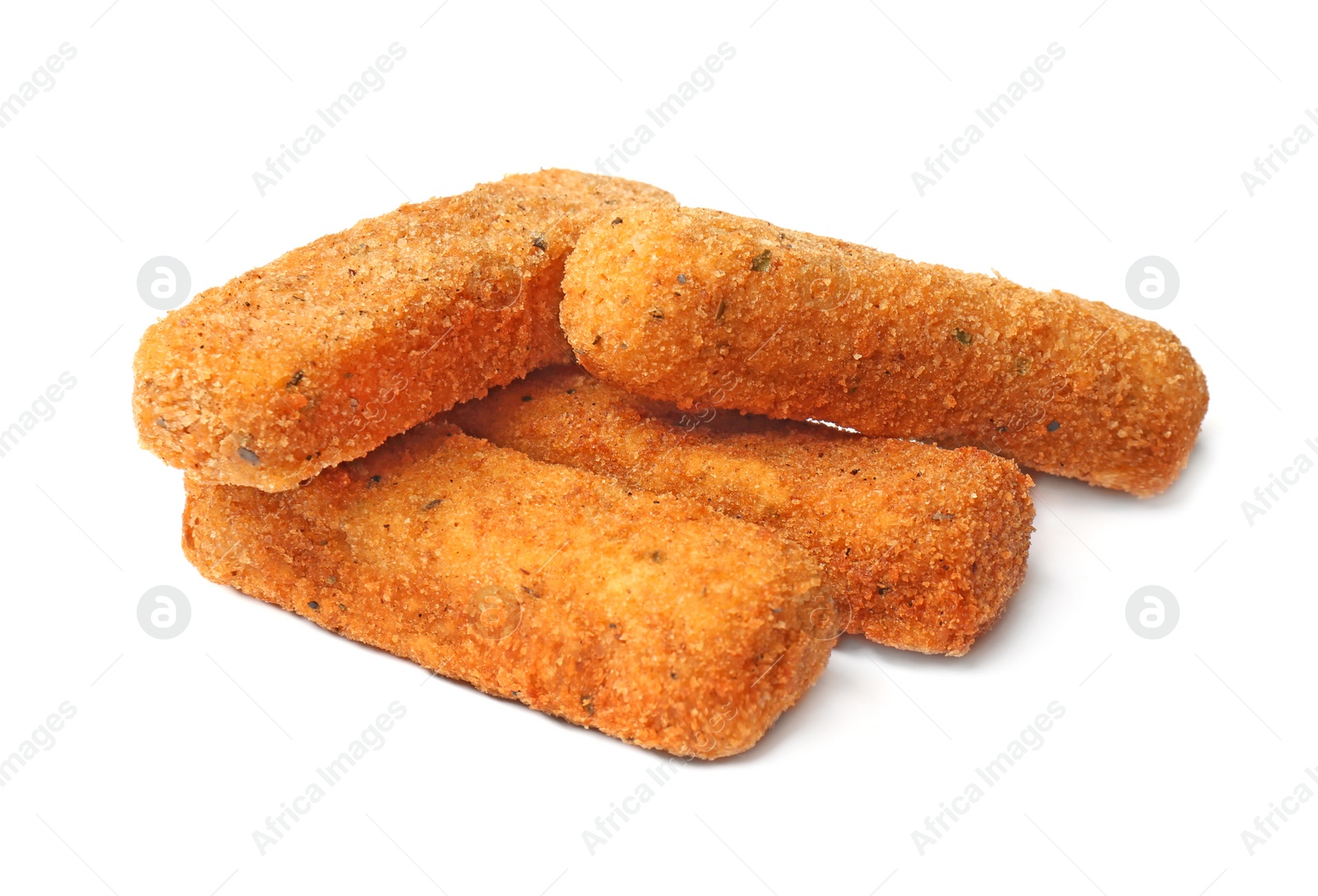 Photo of Pile of tasty cheese sticks isolated on white