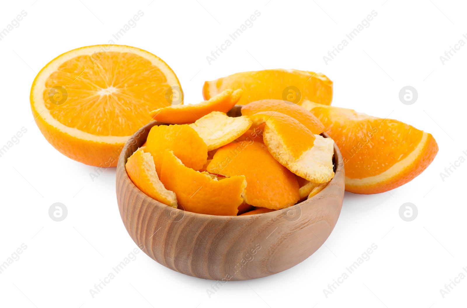 Photo of Orange peels preparing for drying and fresh fruits isolated on white