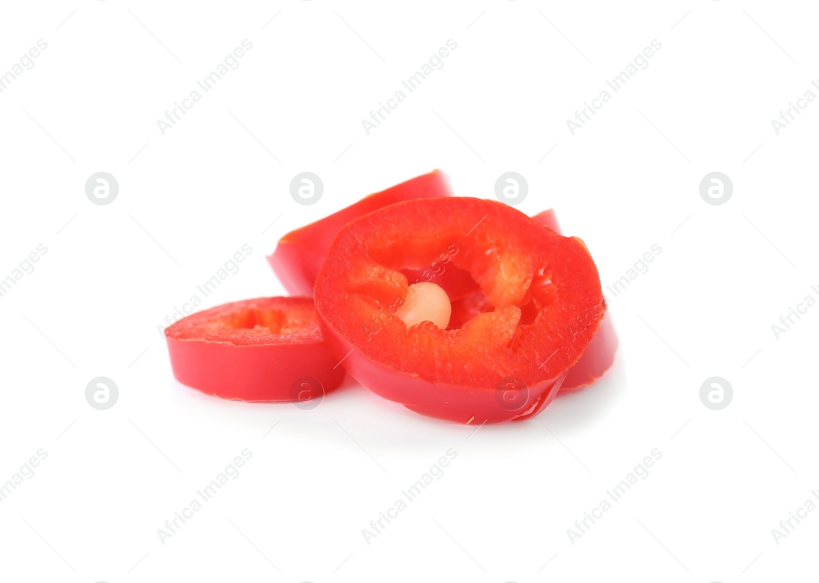 Photo of Cut ripe chili pepper on white background