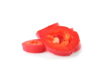 Photo of Cut ripe chili pepper on white background