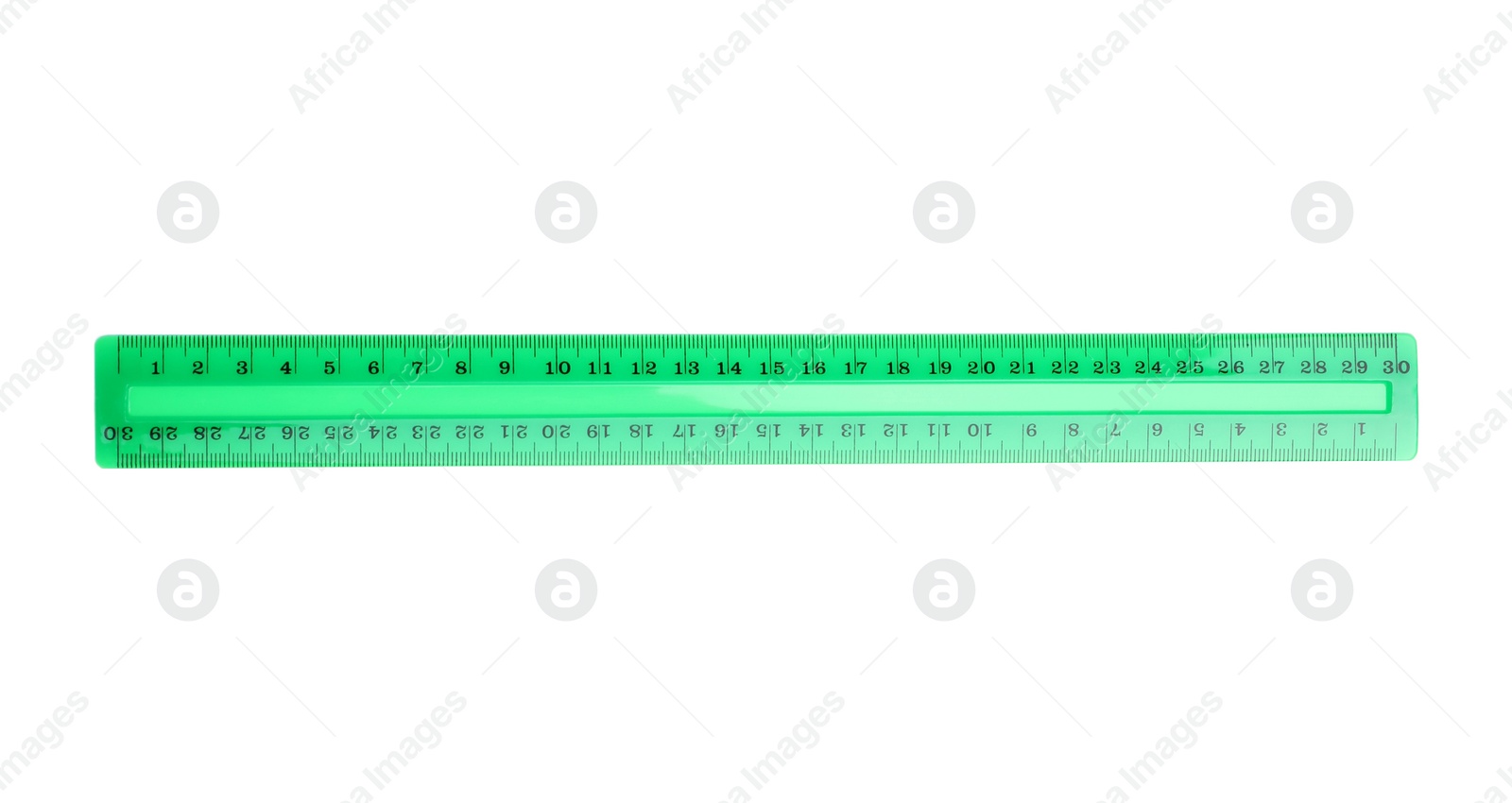 Photo of Colorful plastic ruler isolated on white, top view. School stationery