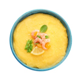 Photo of Bowl with tasty shrimps and grits on white background, top view