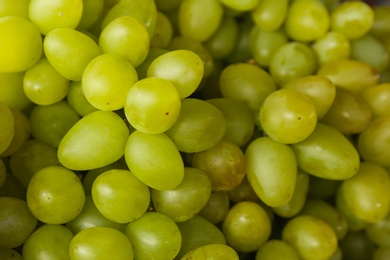 Photo of Fresh ripe juicy white grapes as background, closeup view