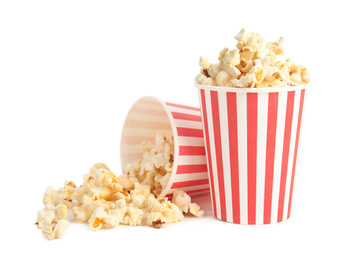 Buckets of tasty pop corn isolated on white