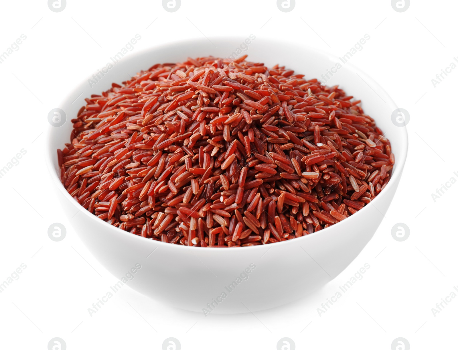 Photo of Brown rice in bowl isolated on white