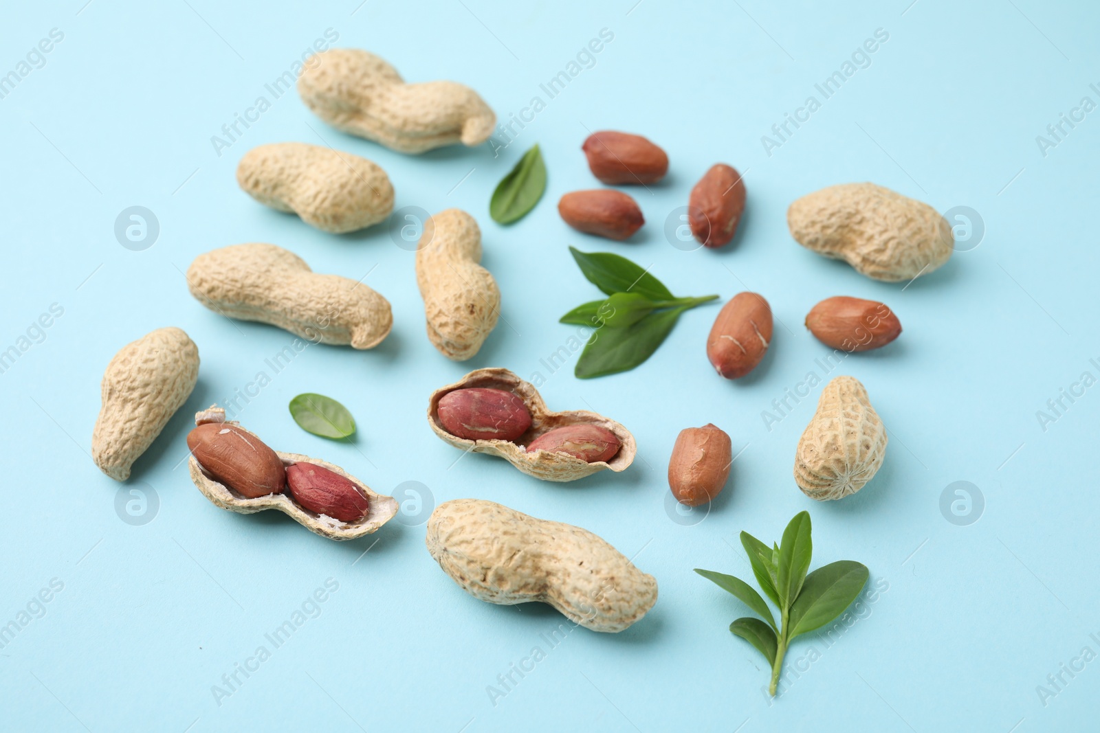 Photo of Fresh peanuts and leaves on light blue table