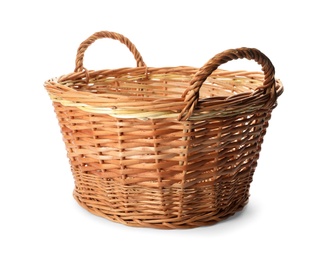 Photo of Wicker basket with handles isolated on white