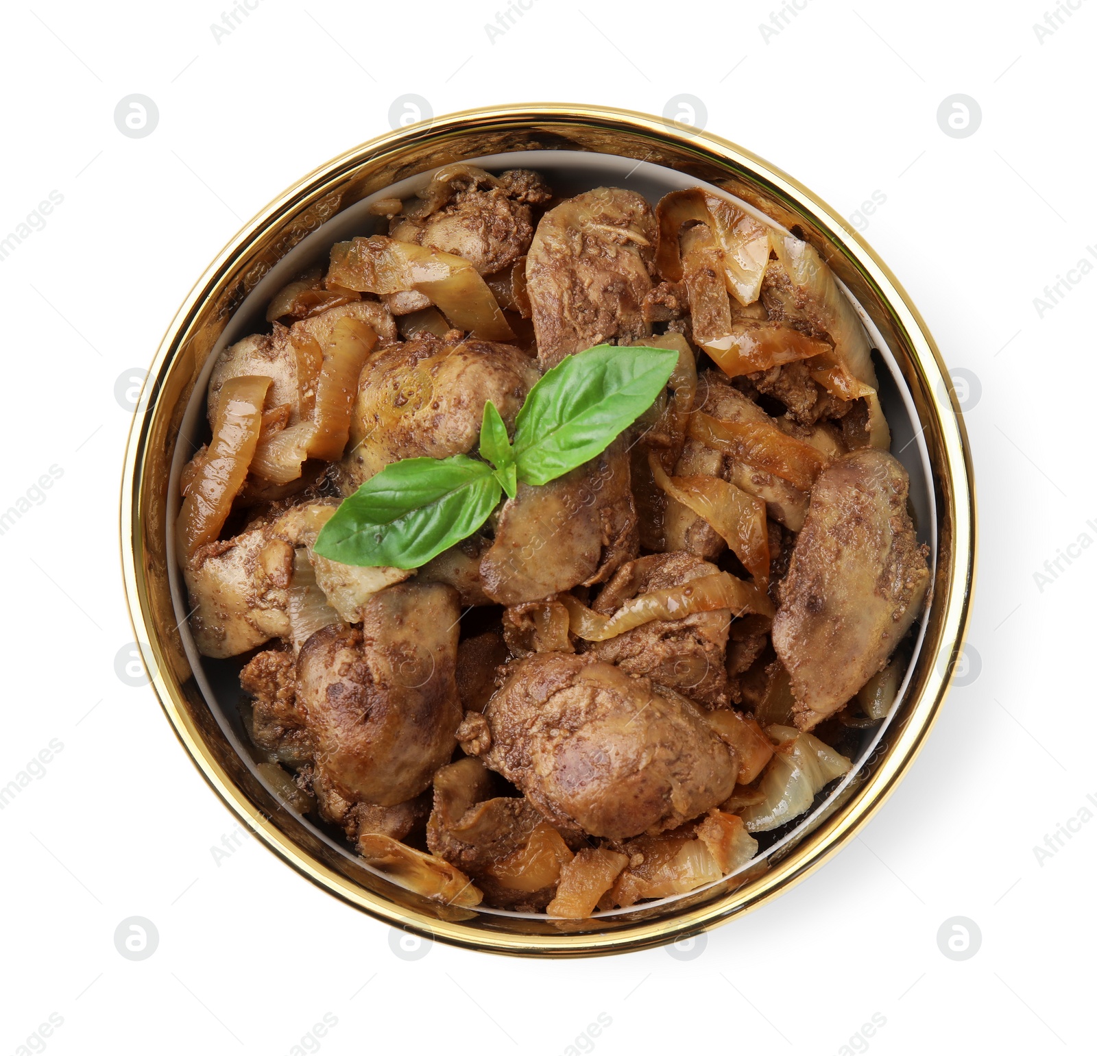 Photo of Delicious fried chicken liver with onion and basil in bowl isolated on white, top view