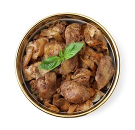 Photo of Delicious fried chicken liver with onion and basil in bowl isolated on white, top view
